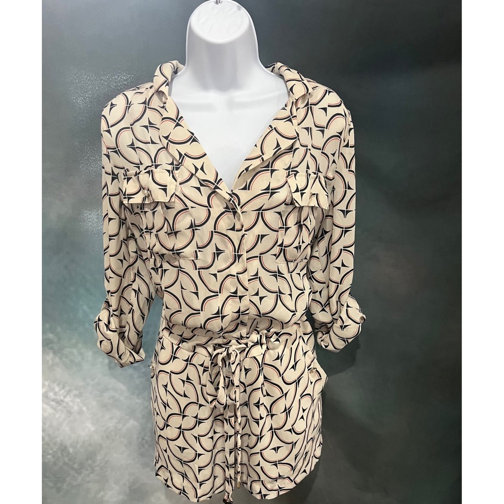 Marciano Women Medium‎ Romper Geometric Abstract Print Utility Long Sleeve Cream